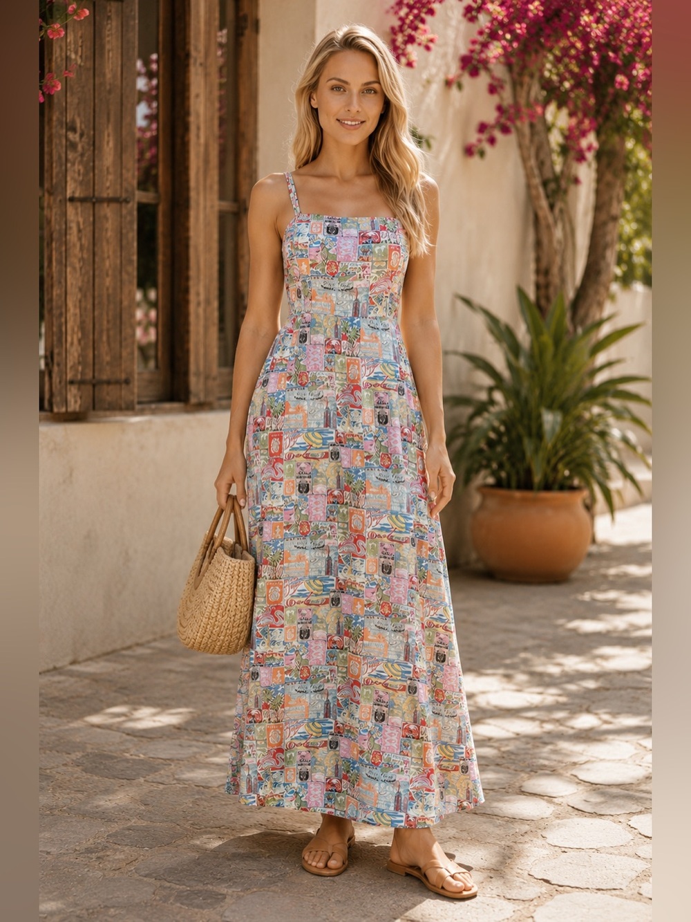 The Good Journey Postcard Travel Print Maxi Dress Size 6 NWOT Vacation